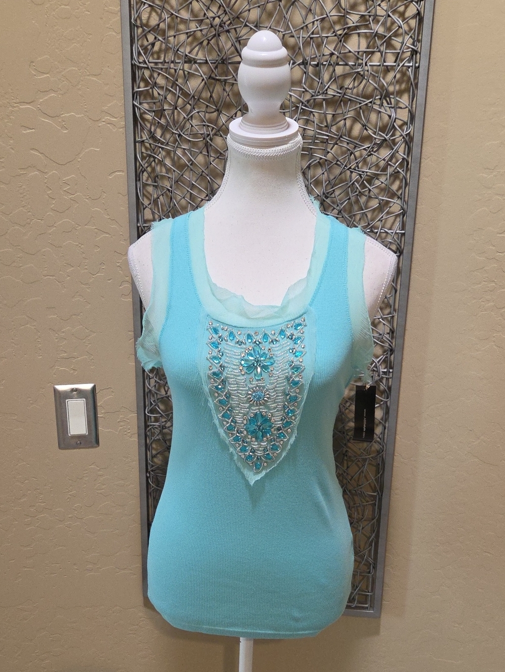 A.B.S. By Allen Schwartz Embellished Aqua Tank Top